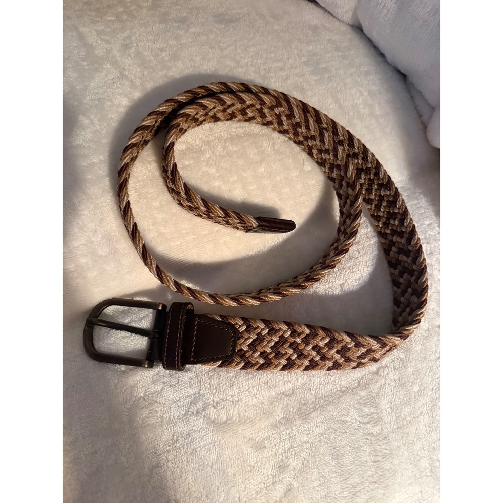 Johnston & Murphy Mens Woven Braided Belt Brown Tan Beige Size 36 Leather Trim